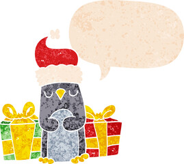 cute christmas penguin with speech bubble in grunge distressed retro textured style