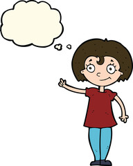 cartoon happy woman pointing with thought bubble