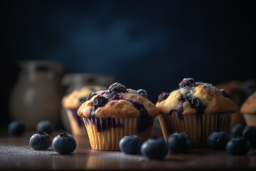 Blueberry muffin on wooden board, close up view. Generative AI - obrazy, fototapety, plakaty
