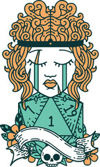 Retro Tattoo Style crying human barbarian with natural one d20 roll