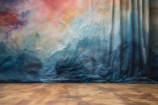 empty studio room with tie dye fabric curtin on wall made with generative ai