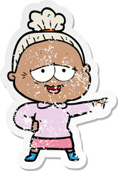 distressed sticker of a cartoon happy old lady