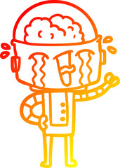 warm gradient line drawing of a cartoon crying robot