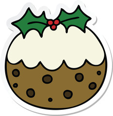 sticker of a quirky hand drawn cartoon christmas pudding