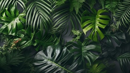 Naklejka na ściany i meble Real tropical leaves with white copy space background. Generative AI