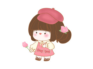 Little girl with her pink rose,Hand drawn,cartoon character,vector,illuatration