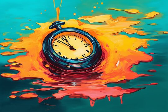 Surreal clock in colorful paint. Beautiful illustration picture. Generative AI