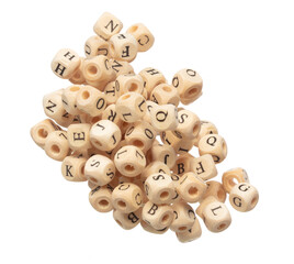 Obraz premium Alphabet letter word wooden bead explode fly in air. Many group of wooden bead screen type font of english letter word in alphabet. White background isolated