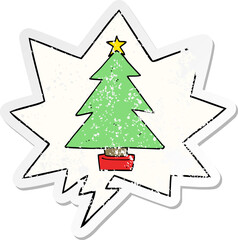 cartoon christmas tree with speech bubble distressed distressed old sticker