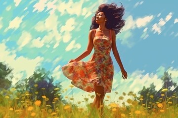Obraz na płótnie Canvas Walk outdoors on the field at summer, gorgeous woman. Beautiful illustration picture. Generative AI