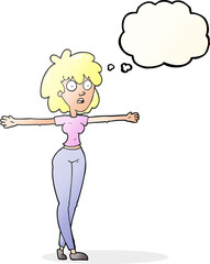 freehand drawn thought bubble cartoon woman spreading arms