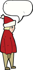cartoon person in winter clothes with speech bubble