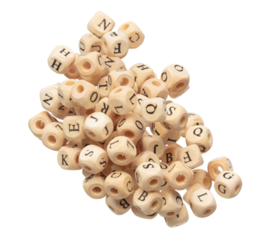 Alphabet letter word wooden bead explode fly in air. Many group of wooden bead screen type font of english letter word in alphabet. White background isolated