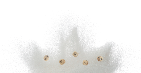 Sugar alphabet letter word bead on explosion of refined sugar. Diabetes concept to reduce sweet food drink. Sugar letter word on sweetener type fly in air. White background isolated