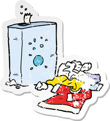 distressed sticker of a cartoon washing powder and laundry