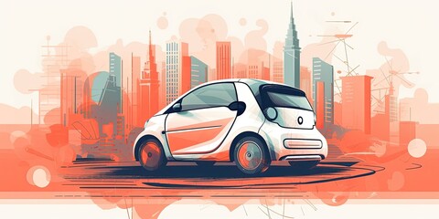 Trend illustration car in the city, interesting angle, vector style. AI