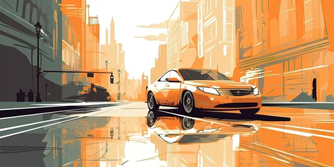 Poster Trend illustration car in the city, interesting angle, vector style. AI © Beast-Art-St