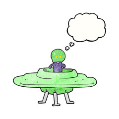 freehand drawn thought bubble textured cartoon flying saucer