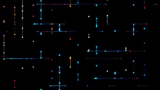 Seamless slow motion geometric animation, slowly stretching colourful lines between dots with liquid effects, 4k loop animated background