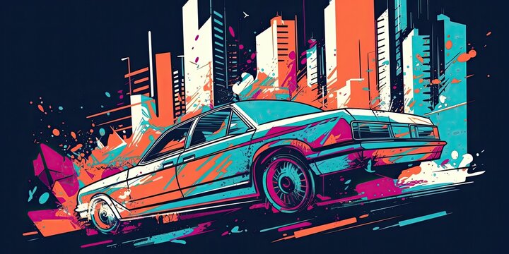 Trend illustration car in the city, interesting angle, vector style. AI