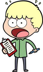 cartoon shocked man with clipboard and pen