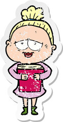 distressed sticker of a cartoon happy old lady
