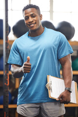 Thumbs up, portrait and fitness man in gym, clipboard and checklist for workout results, progress...