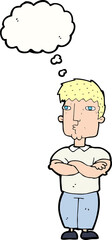 cartoon man with crossed arms with thought bubble
