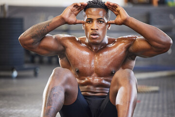 Black man in gym, sweating from sit ups for fitness and abs, exercise routine with muscle and focus. Health, active and determined with core workout, strong male person with sports and training - obrazy, fototapety, plakaty
