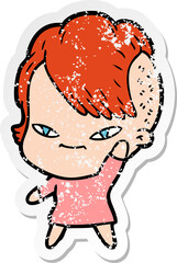 distressed sticker of a cute cartoon girl with hipster haircut