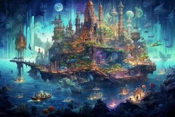 Intricately detailed image of fantasy world with buildings. Beautiful illustration picture. Generative AI