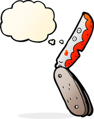 cartoon bloody folding knife with thought bubble