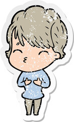 Obraz premium distressed sticker of a cartoon woman thinking