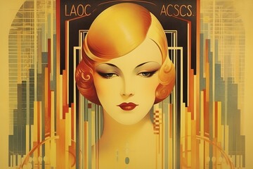Art deco poster with woman. Beautiful illustration picture. Generative AI © standret