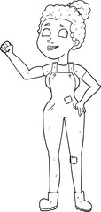 freehand drawn black and white cartoon woman in dungarees