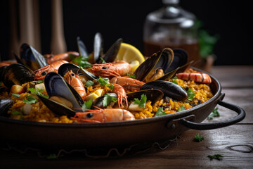 Seafood paella on wooden table. Moody light. Generative AI