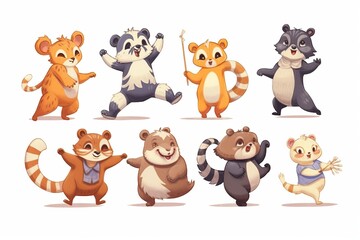 Many of the animals in cartoon style. Baby bear, tiger, lion, monkey, penguin, raccoon. Beautiful illustration picture. Generative AI