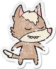 distressed sticker of a friendly cartoon wolf