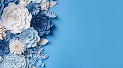 Blue paper flowers on background. Beautiful illustration picture. Generative AI