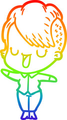 rainbow gradient line drawing of a cute cartoon girl with hipster haircut