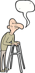 cartoon old man with walking frame with speech bubble