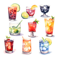 Set of cocktails, Cocktail set Watercolor clipart for summer art design.