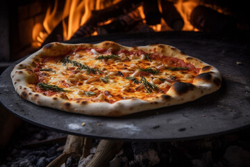Pizza in wood fired oven. Flames and smoke. Generative AI