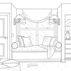 Interior. A cozy place to relax by the window. Soft pillows, blanket, lamps. Vector illustration. Coloring book for adults.