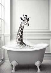 Fototapety  Giraffe in Bath, black and white giraffe bathing in the bathtub, funny animal, bathroom Interior safari poster, generative ai