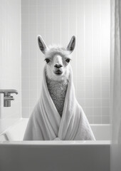 Llama in Bath, black and white lama bathing in the bathtub, funny animal, bathroom Interior safari poster, generative ai