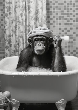 Monkey in Bath, black and white chimpanzees bathing in the bathtub, funny animal, bathroom Interior safari poster, generative ai