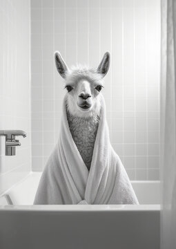 Llama in Bath, black and white lama bathing in the bathtub, funny animal, bathroom Interior safari poster, generative ai