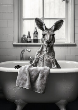 Kangaroo in Bath, black and white kangaroo bathing in the bathtub, funny animal, bathroom Interior safari poster, generative ai