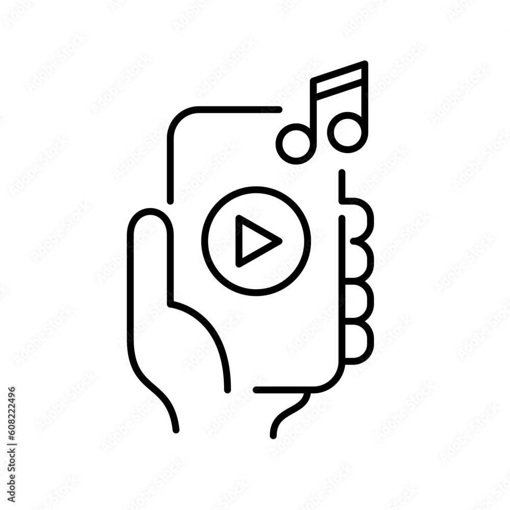 Poster music player app interface. hand holding smartphone with play button. relaxation and entertainment. 